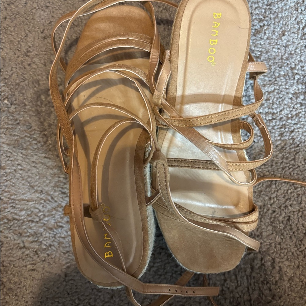 Women’s These Three Boutique Bamboo Women's Tan Strappy wedges sandals 8.5 8 1/2